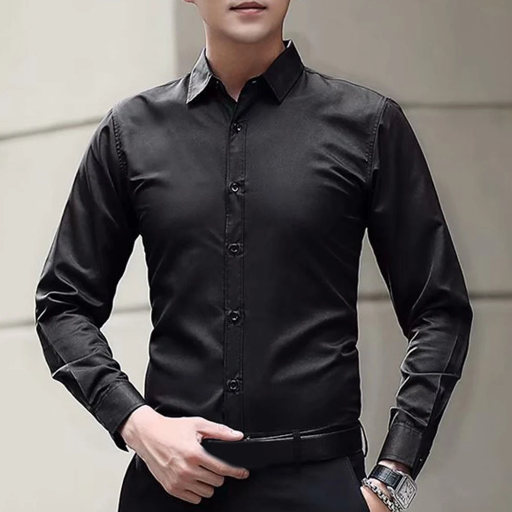 New Men\'s Long Sleeve Drill Button Shirts Tight Business Formal Social Wrinkle Lapel Casual Solid Simple Fashion Male T-shirts