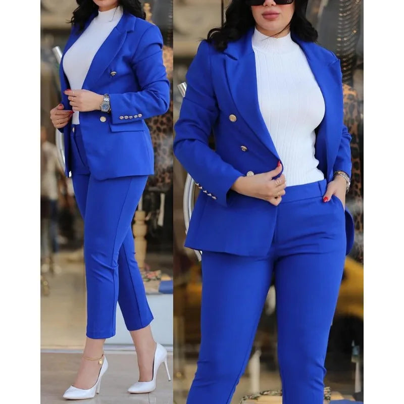 Office Lady 2 Pieces Blazer Set Ladies 2024 Elegant Pant Suit Women Chic Trousers Suit Casual Long Sleeve Jacket High Waist Pant