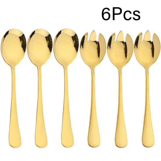 6 Pieces Salad Cutlery Set Stainless Steel Salad Spoon Fork Gold Salad Server European Style Kitchen Tool Accessories