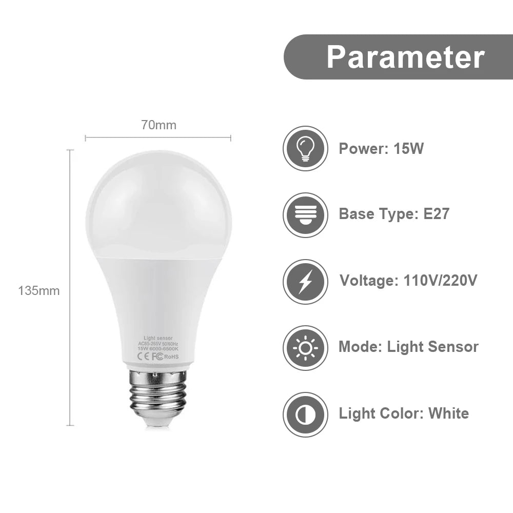 LED Light Sensor Light Bulb E27 15W Dusk to Dawn Smart Auto ON/OFF Switch Day to Night Lamp 110V 220V For Stair Hallway Pathway