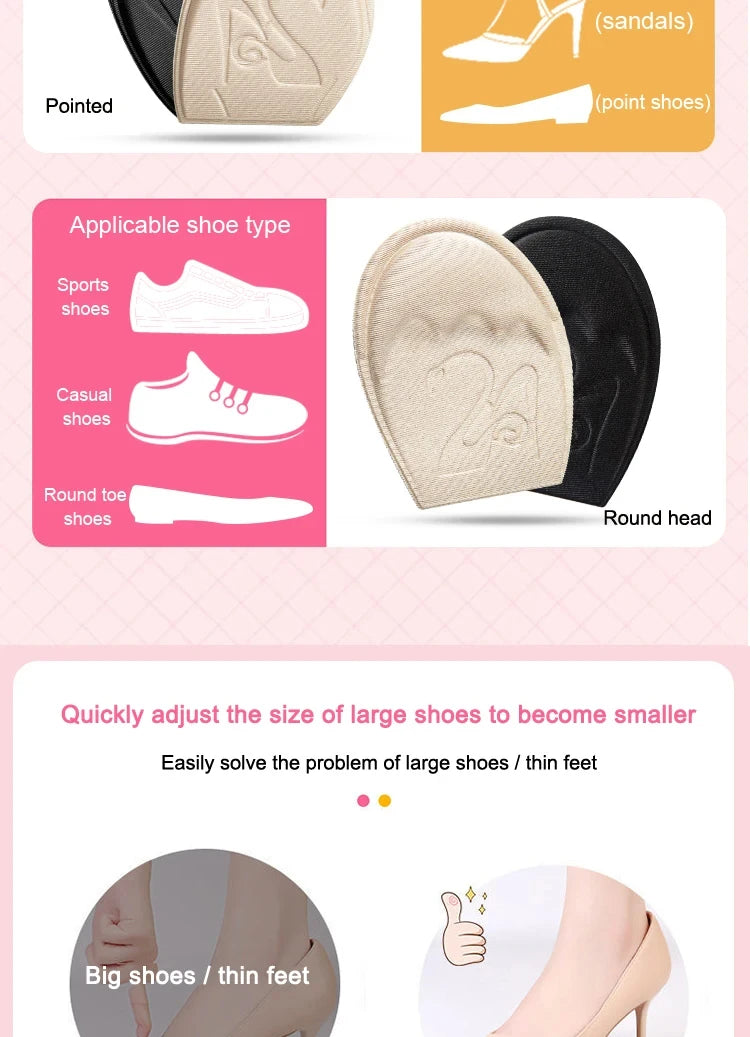 Half Insoles for Shoes Inserts Forefoot Pad Non-slip Sole Toe Plug Cushion Reduce Shoe Size Filler High Heels Pain Relief Pads