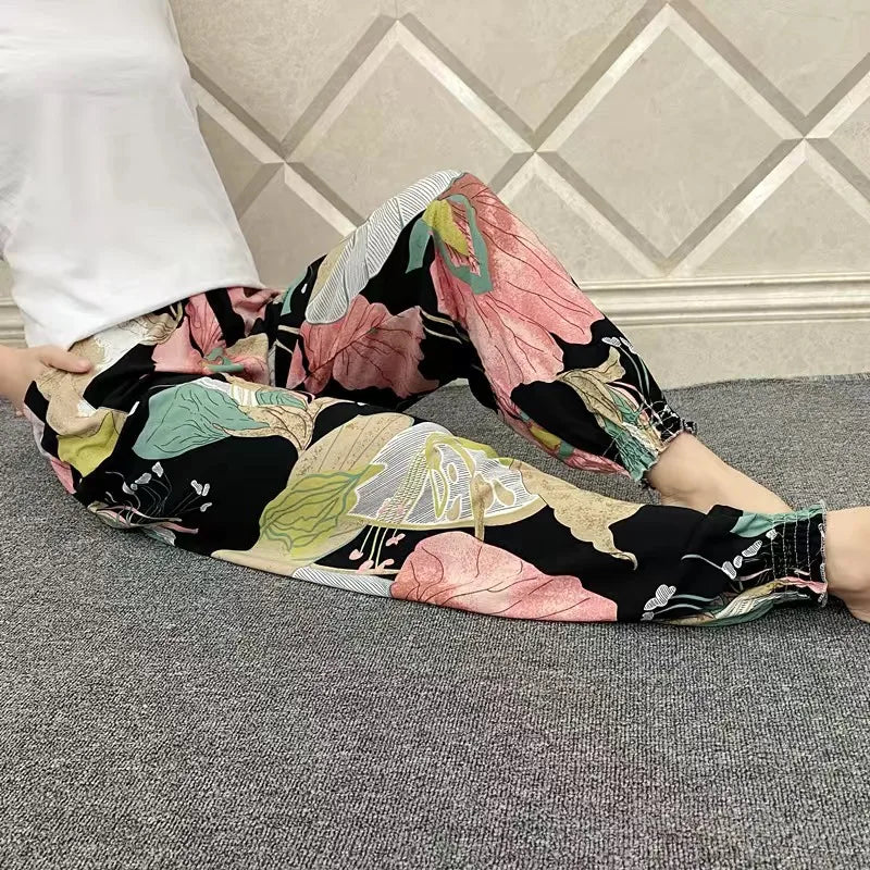 Women's Casual Print Palazzo Pants, Loose Sleep Pyjama Pants, Wide Leg, Thin Shorts, Cropped Pants, Summer Outdoor, ouc1143