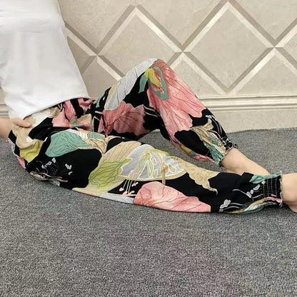 Women's Casual Print Palazzo Pants, Loose Sleep Pyjama Pants, Wide Leg, Thin Shorts, Cropped Pants, Summer Outdoor, ouc1143