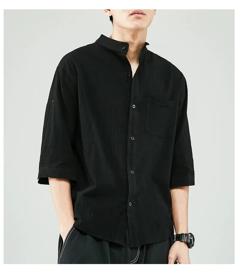 Line Shirt Men's Short-sleeved White Shirt Loose Chinese Style Summer Cotton Linen Casual Jacket Men's Quarter-sleeved Top