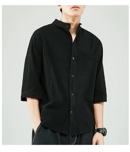 Line Shirt Men's Short-sleeved White Shirt Loose Chinese Style Summer Cotton Linen Casual Jacket Men's Quarter-sleeved Top