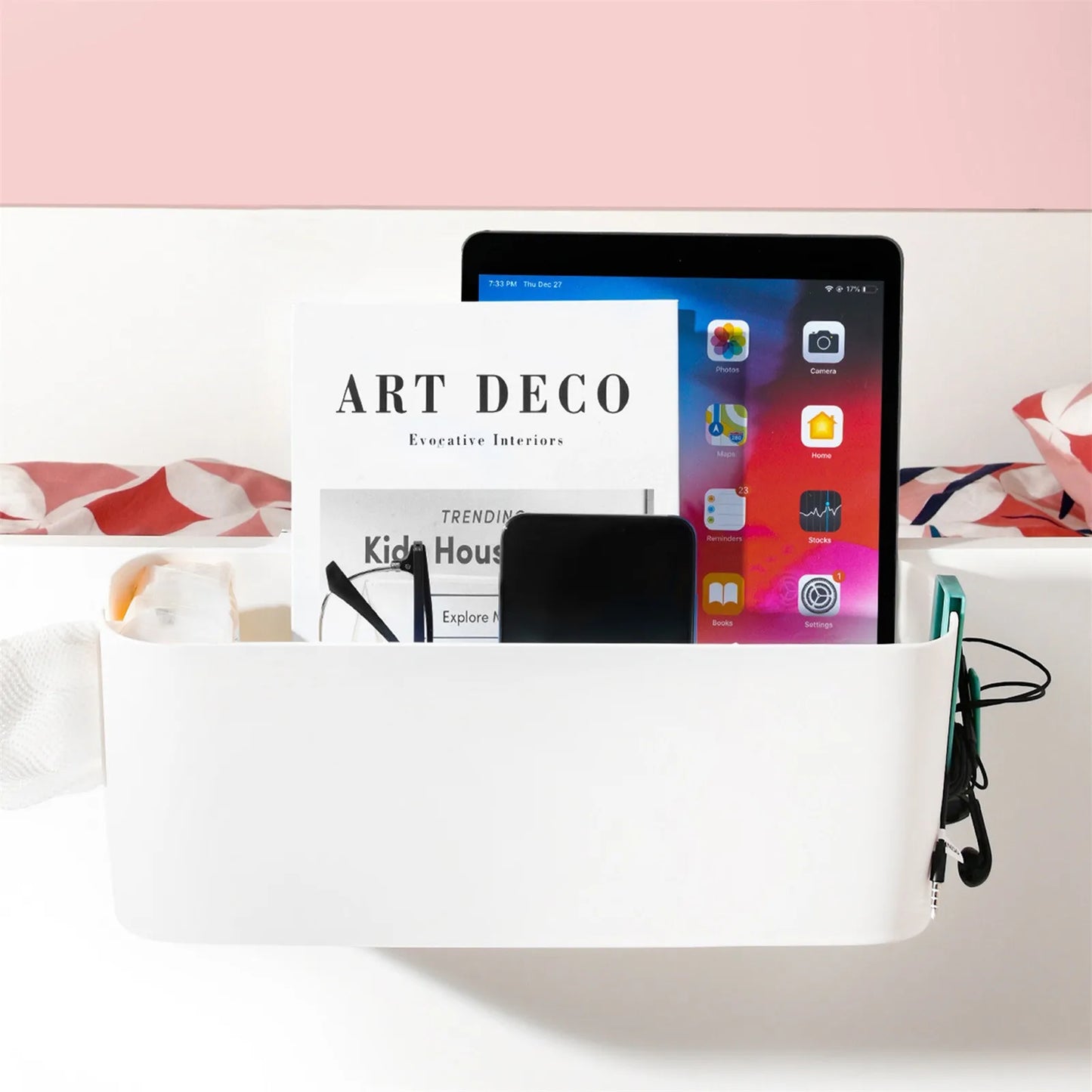 Bedside Hanging Basket Organizer with Hooks Dorm Bunk Beds Shelf  Table Storage Holder for Remote Controls Magazines Phone