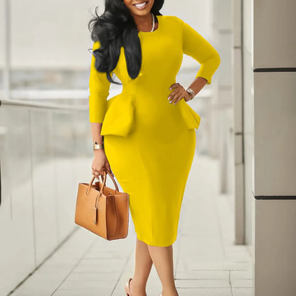 Elegant Office Dresses for Woman O Neck Full Sleeve Sheath Ruffles Package Hips Mid Calf Professional Business Work Dress Midi