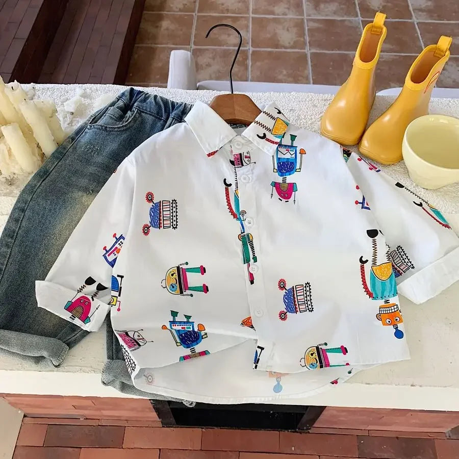 Baby Boys Blouses Toddler Lapel Blouse Kids Long-Sleeved Cotton Tops Full Printed Shirts 2025 Spring Autumn Children's Clothing