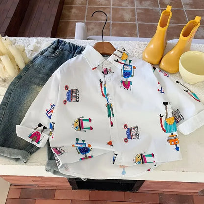 Baby Boys Blouses Toddler Lapel Blouse Kids Long-Sleeved Cotton Tops Full Printed Shirts 2025 Spring Autumn Children's Clothing