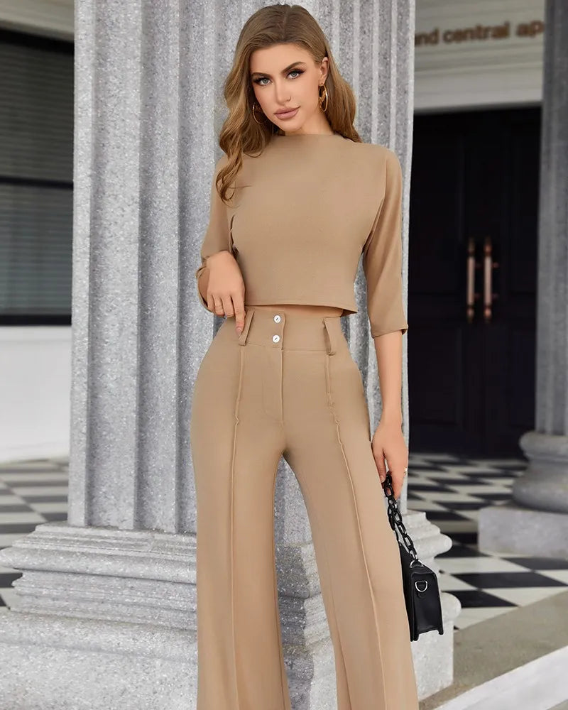 Elegant 2-Piece Women's Office Outfit Set with Mock Neck Crop Top And Buttoned Pants with Pocket Lady Work Wear matching Sets