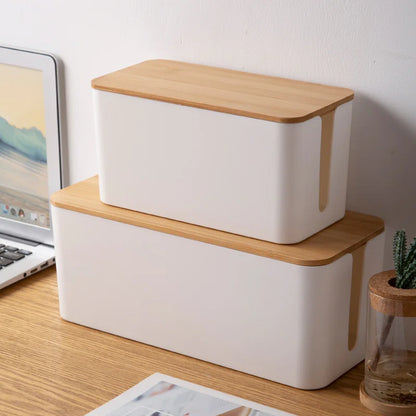 Cable Storage Box Power Strip Case Wooden Power Line Wire Management Organizer Anti-Dust Charger Socket Network Line Storage Bin