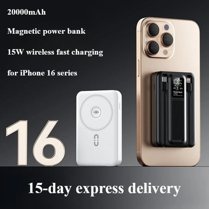 New Portable Magnetic Wireless Power Bank with Built-in Wires, Mini Stand and Fast Charging  External battery for iPhone 16