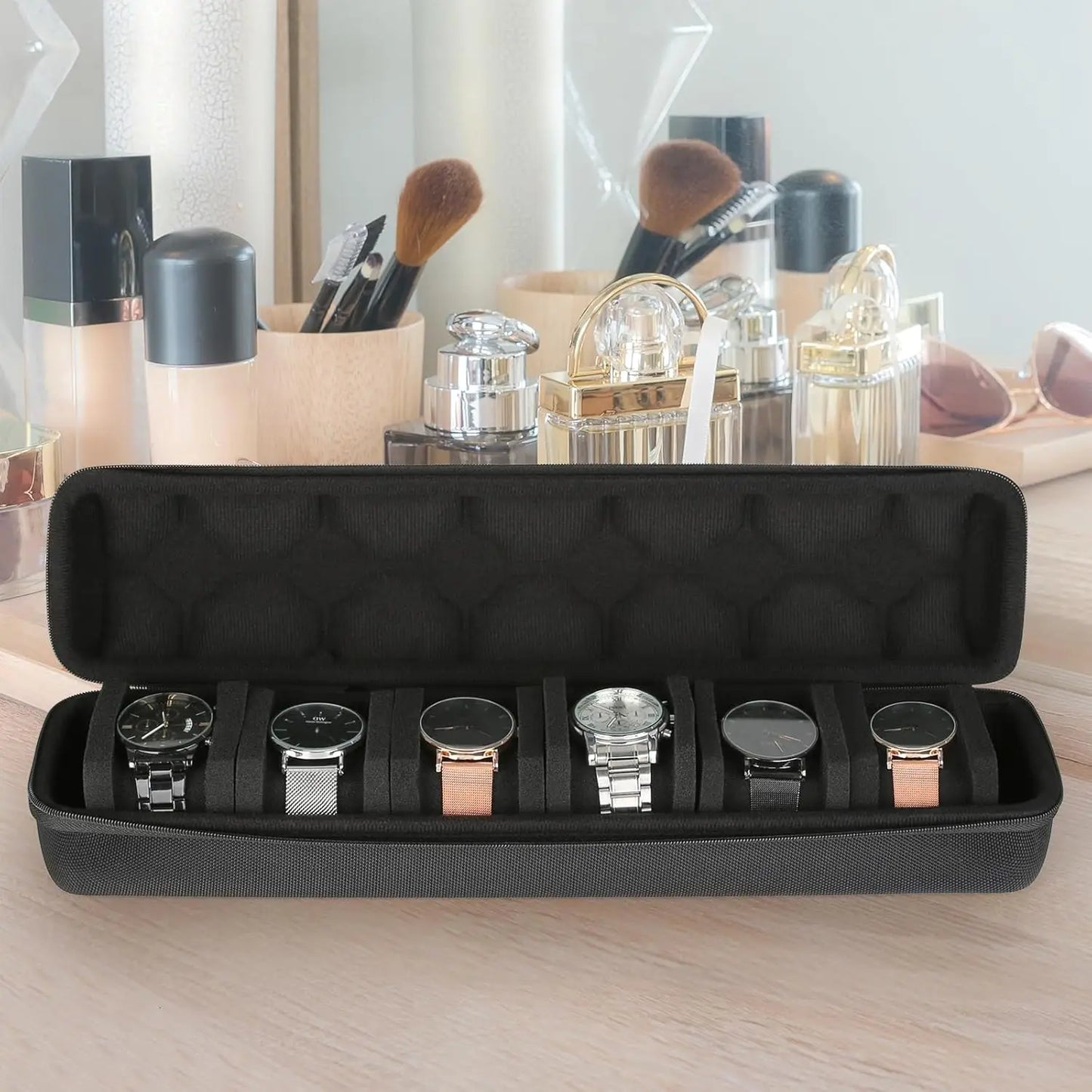 6 Slots Watch Roll Storage Box Portable Watch Travel Case Watch Organizer Watch Display Holder for Wristwatches and Smart Watch