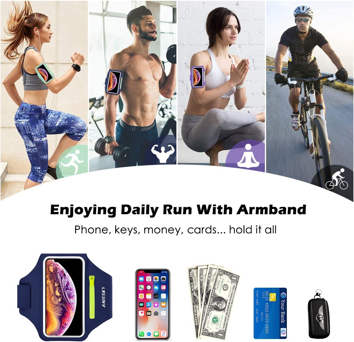 HAISSKY Zipper Pocket Running Sports Armband For iPhone 16 15 14 13 12 11 Pro Max 15 Plus Belt On Hand Phone Brassard Bags