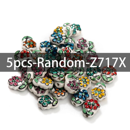 5pcs Artisan Hand-Painted Ceramic Beads Featuring Delicate Multi-Colored Floral Motifs Z717