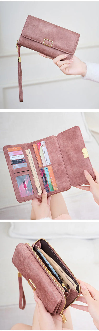 RFID Blocking Women's Wallet Large Capacity Credit Card Holder Clutch Bag Trifold Large Capacity Zipper Long Wallet Coin Purse