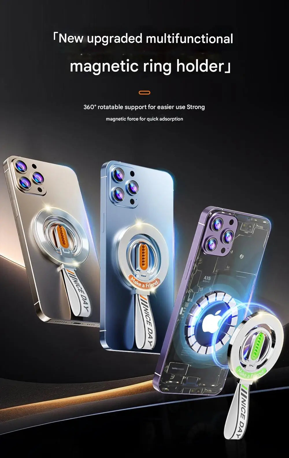 for MagSafe Car Mount, 3-in-1 Upgraded Magnetic Phone Ring Holder Grip Kickstand Car  with MagSafe Accessories for IOS & Android