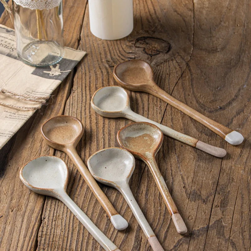 Japanese Coarse Pottery Spoon Household High Appearance Level Small Spoon Long Handle Coffee Cup Spoon Soup Spoon Porridge Spoon
