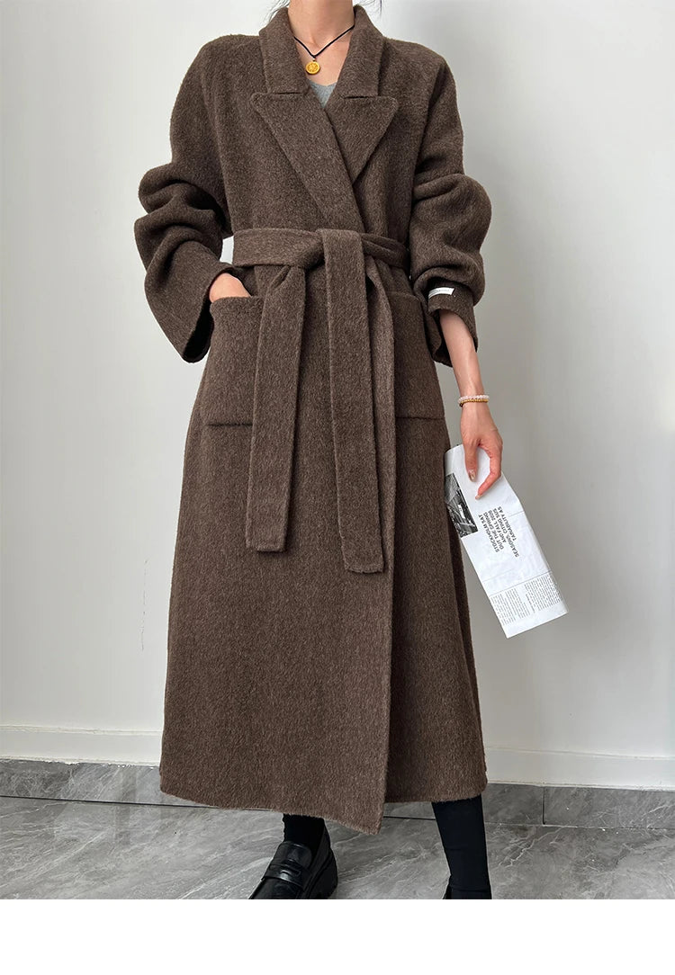 Office Lady Woolen Jackets 2024 Autumn And Winter Bathrobe Style Pocket Double-Sided Loose Lace -Up Tie Women's Long Wool Coats