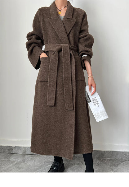 Office Lady Woolen Jackets 2024 Autumn And Winter Bathrobe Style Pocket Double-Sided Loose Lace -Up Tie Women's Long Wool Coats