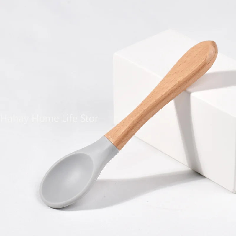 Baby Silicone Feeding Set with Wooden Handle Soft Training Spoon and Fork for Kids