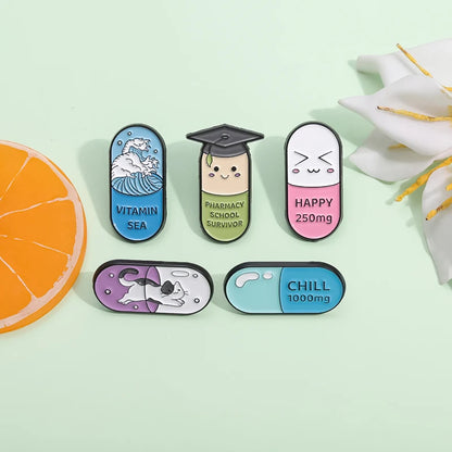 Happy Capsule Pill Enamel Pin Vitamin Sea Pharmacy School Survivor Pharmacist Brooch Badge Jewelry Gift For Medical Student