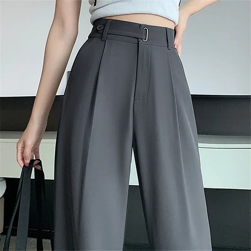 Office Ladies Casual Suit Wide Leg Pants Women Elegant 2025 Spring Summer Fashion Solid Color High Waist Loose Outwear Trousers