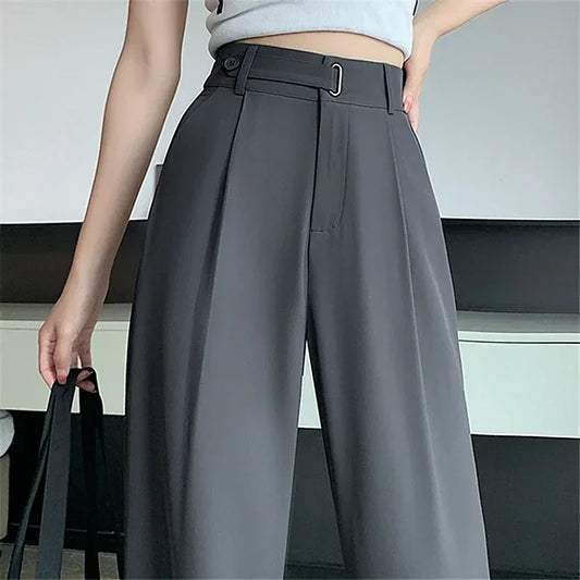 Office Ladies Casual Suit Wide Leg Pants Women Elegant 2025 Spring Summer Fashion Solid Color High Waist Loose Outwear Trousers
