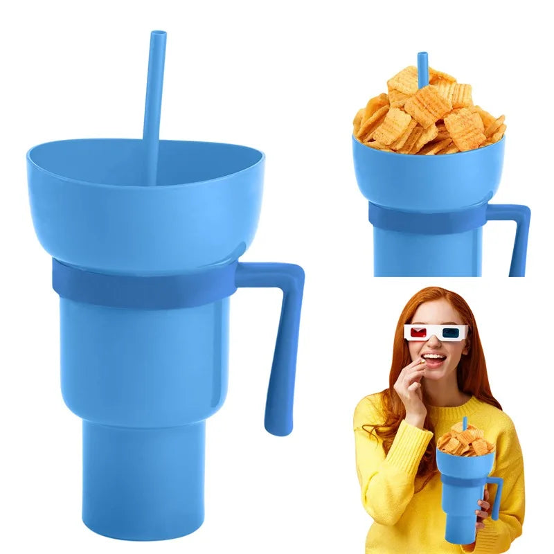 2 in 1 Popcorn Beverage Cup Snack 1000ML Straw Cup with Handle Water Bottles with Straw Coffee Cup Mug Leak-Proof For Kids Adult