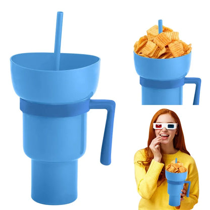 2 in 1 Popcorn Beverage Cup Snack 1000ML Straw Cup with Handle Water Bottles with Straw Coffee Cup Mug Leak-Proof For Kids Adult
