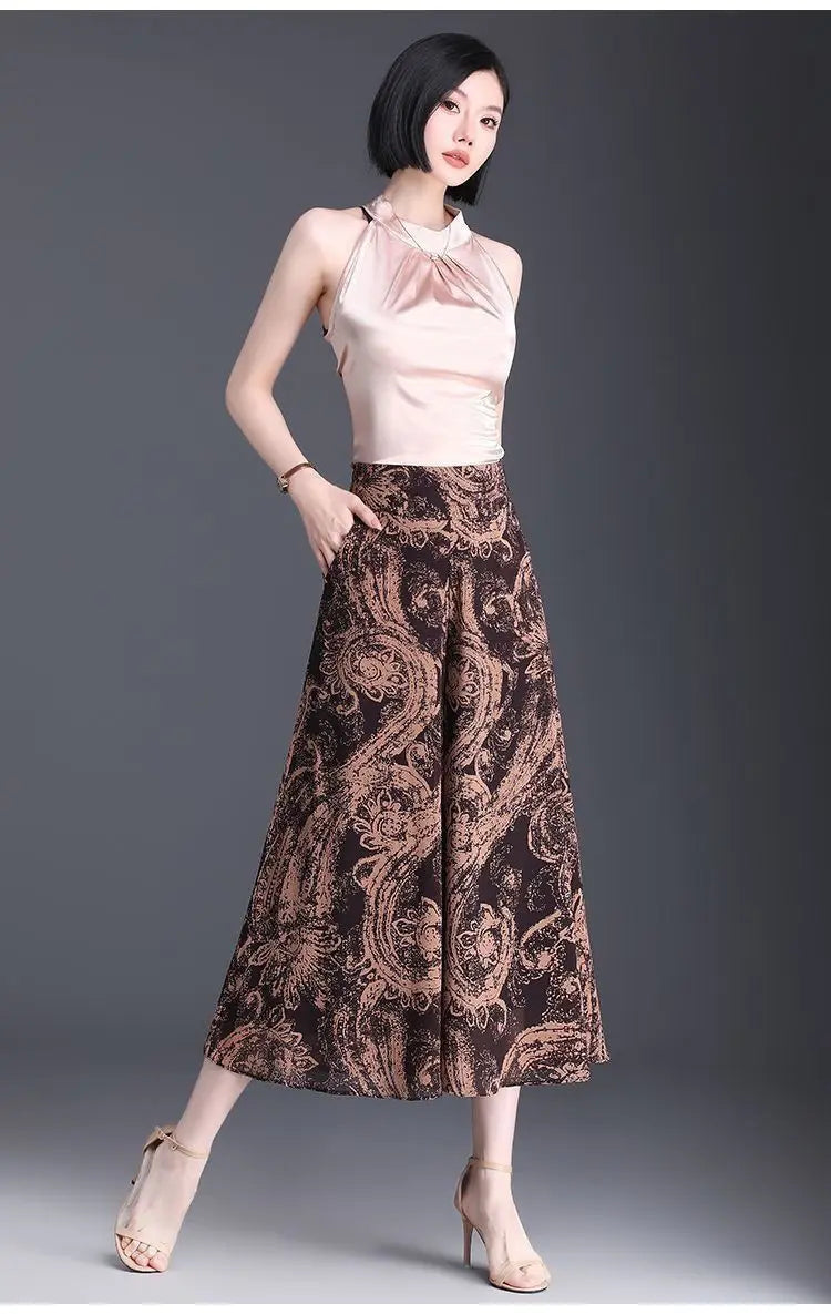 New Summer Print Palazzo Pants for Women Lightweight High Waisted Loose Skirt Pants