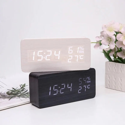 Digital LED Wooden Alarm Clock, Desk Clock, Voice Activated, Electronic Desktop Clock, Luminous Silent Alarm Clock