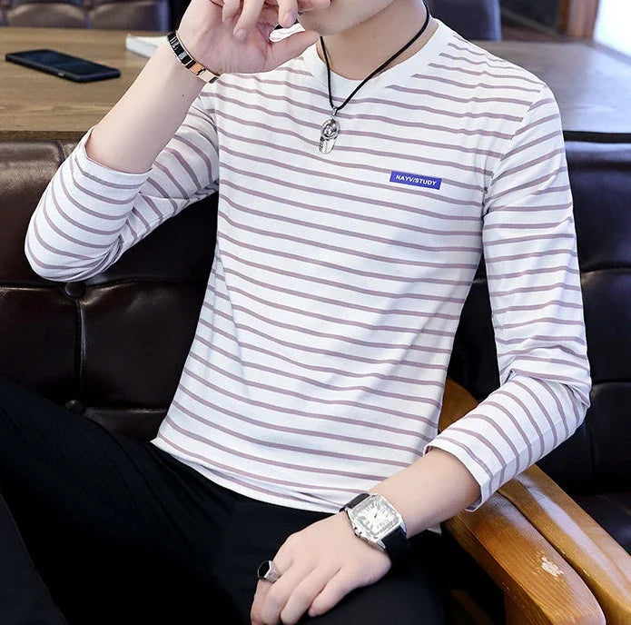 T Shirts for Men Stripe Tops Red Cotton Male Clothes Round Neck Harajuku Fashion Sale High Brand Regular Fit It Full Sleeve Tee