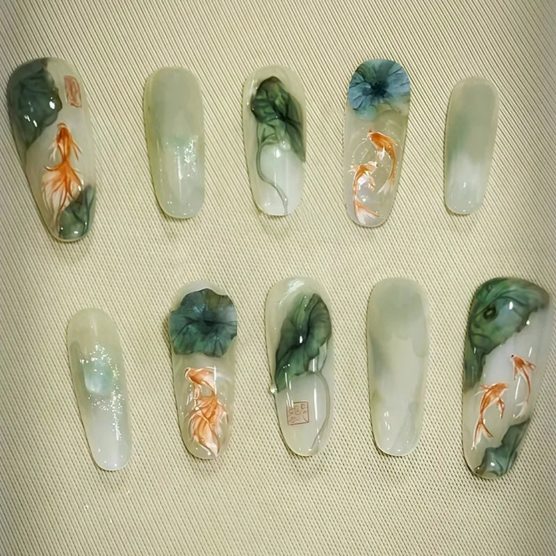 10Pcs Green Chinese Press-on Nails Featuring Lotus Leaf & Koi Crescent Moon and Bamboo Designs Traditional Nail for Women&Girls
