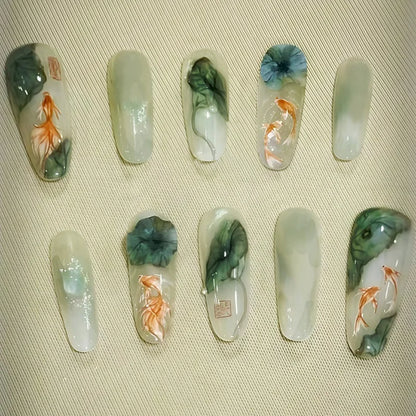10Pcs Green Chinese Press-on Nails Featuring Lotus Leaf & Koi Crescent Moon and Bamboo Designs Traditional Nail for Women&Girls