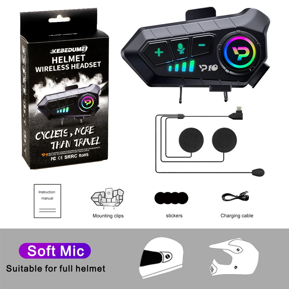 Bluetooth Motorcycle Helmet Headset 5.3 Wireless IPX6 Waterproof Noice Reduction Earphone 2000mah Long Standby Handsfree