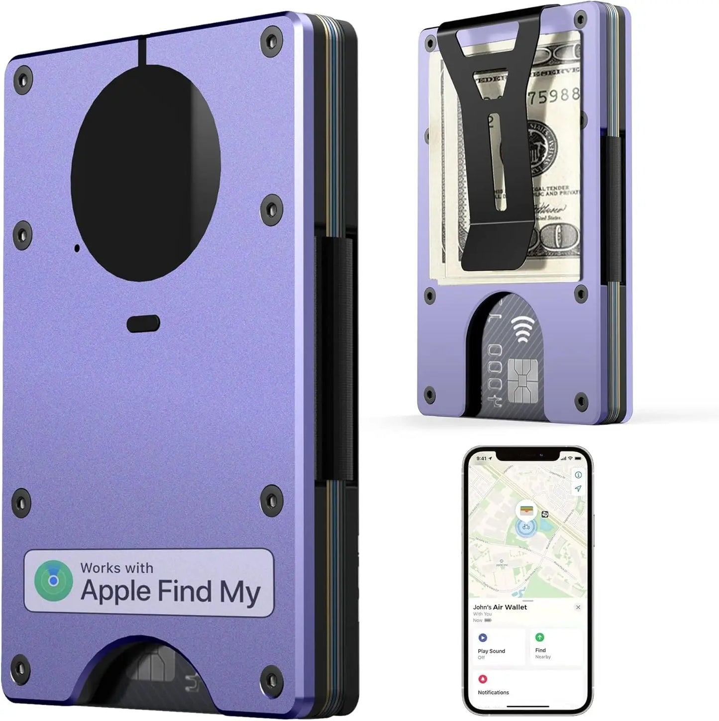 RFID Blocking Credit Card Holder, Slim Wallet For Men, Compatible with Find My iOS Only, Detachable Money Clip