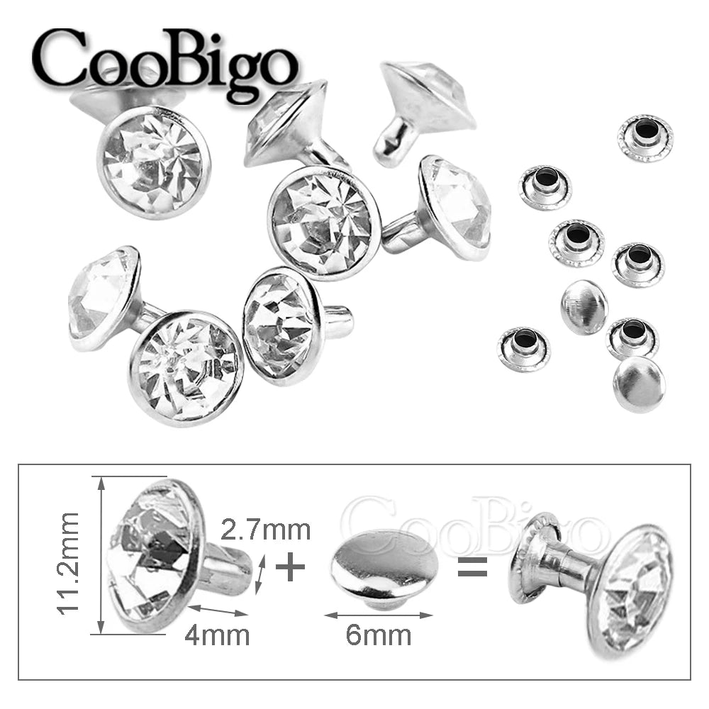 100sets Glass Crystal Double Cap Rivet Stud Rhinestone Nail Spike DIY Leathercraft Fashion Apparel Shoes Bags Decor Accessories