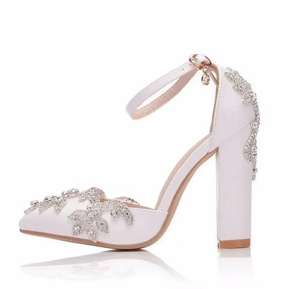 2025 Thick Heel Pointed Toe Shoes Large Size  Thick Heel Sandals Women Rhinestone Wedding Shoes Women White Wedding Shoes Drill