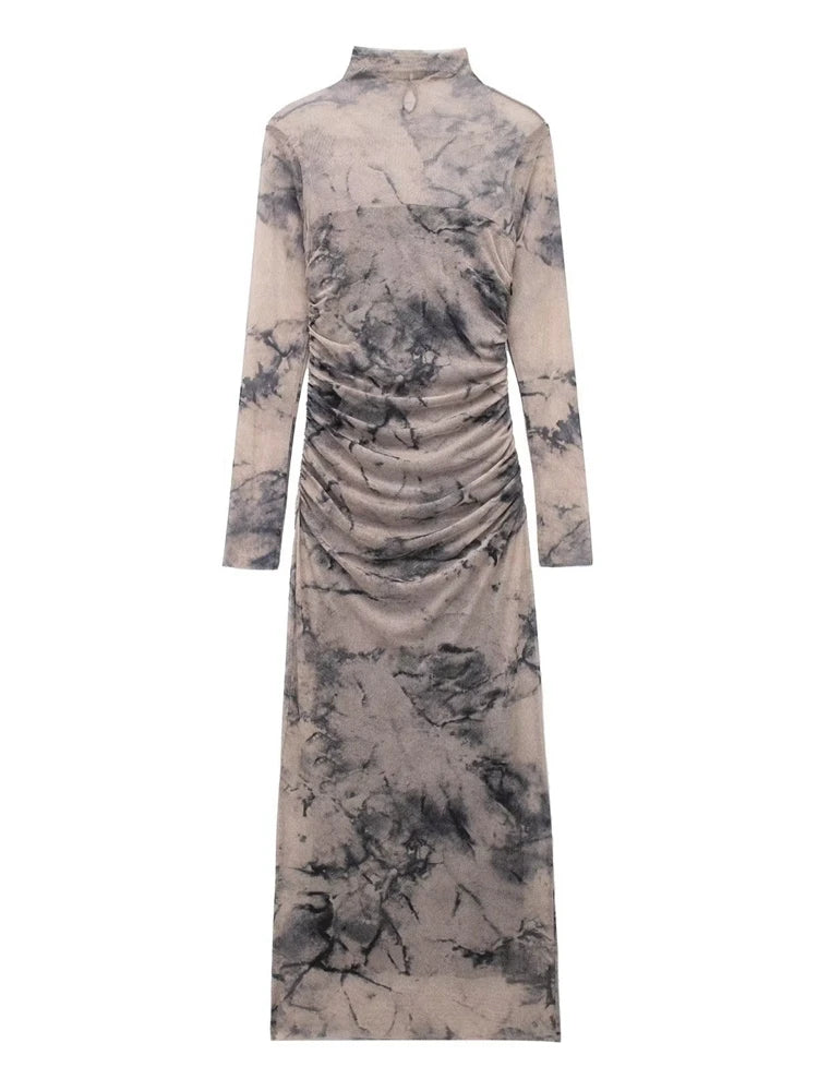 Tangada 2024 Women Print Pleated Mesh Dress Long Sleeve Sexy Famle Stand Collar Maxi Dresses 3H406