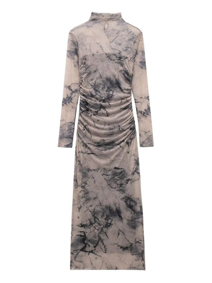 Tangada 2024 Women Print Pleated Mesh Dress Long Sleeve Sexy Famle Stand Collar Maxi Dresses 3H406