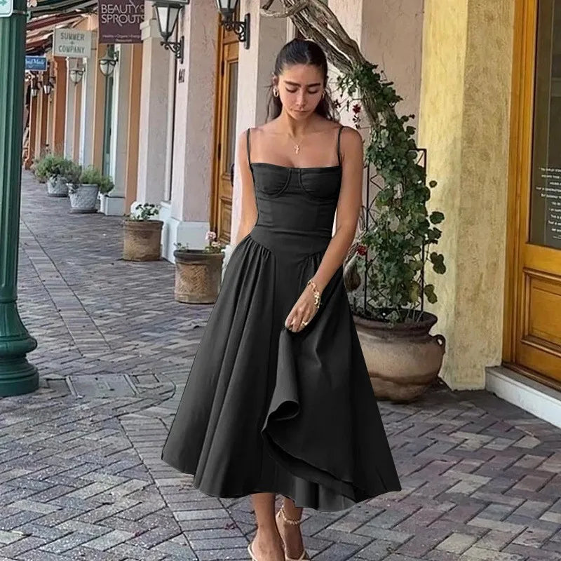 Spring Summer New Women's Clothing Solid Color Strap French Retro Dress Sleeveless Long Maxi Dresses