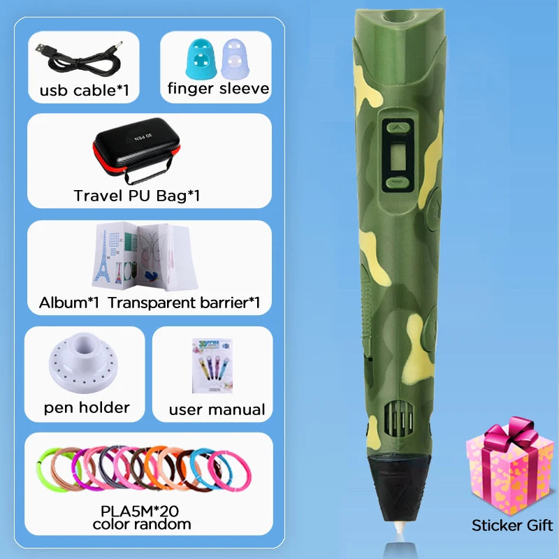 3D Printing Pen 9/50/100/200M PLA Filament LED Display With PU Case DIY Drawing Pens Stimulate Creativity Kids Toys 3D Pen