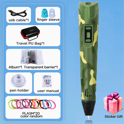 3D Printing Pen 9/50/100/200M PLA Filament LED Display With PU Case DIY Drawing Pens Stimulate Creativity Kids Toys 3D Pen