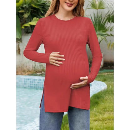 Spring New Maternity Clothes Round Neck Solid Color Slit Long Sleeve Base T-shirt Tops For Pregnant Women Maternity Wear