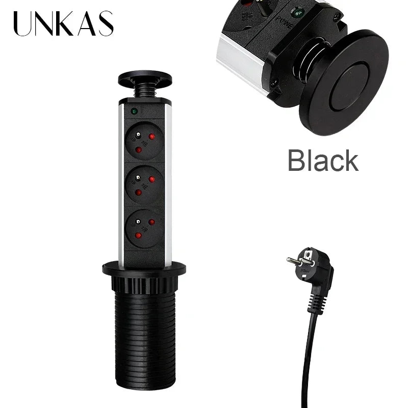 16A PULL POP UP 3 Power EU Socket New Black Color Port Kitchen Table Desktop Sockets Retractable Countertops French Plug
