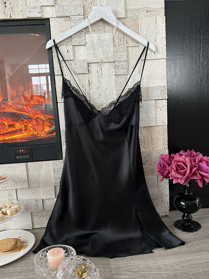 The latest women's satin nightdress V-neck with lace slit design comfortable sexy ladies pajamas