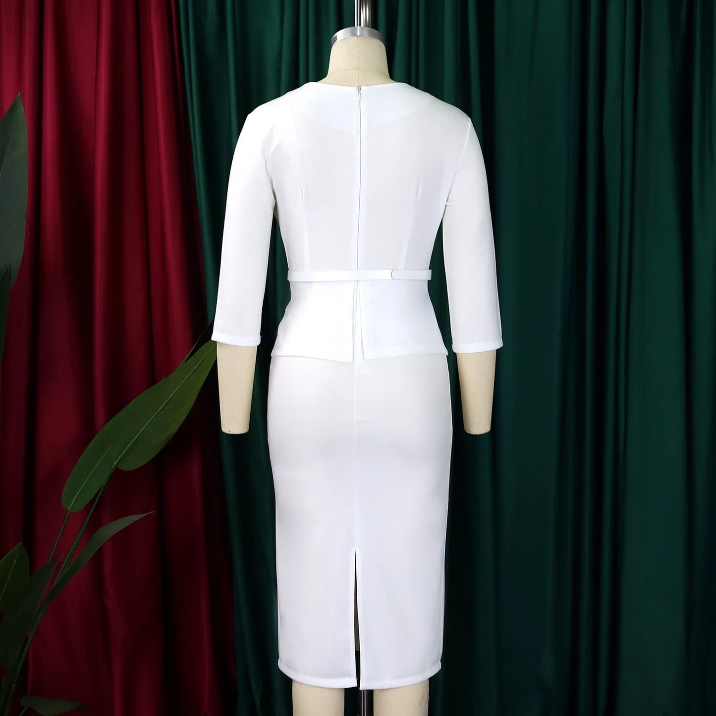 Elegant Office Dresses for Woman V Neck Full Sleeve Belt Waisted Sheath Package Hips Mid Calf Formal Business Work Wear Gowns OL