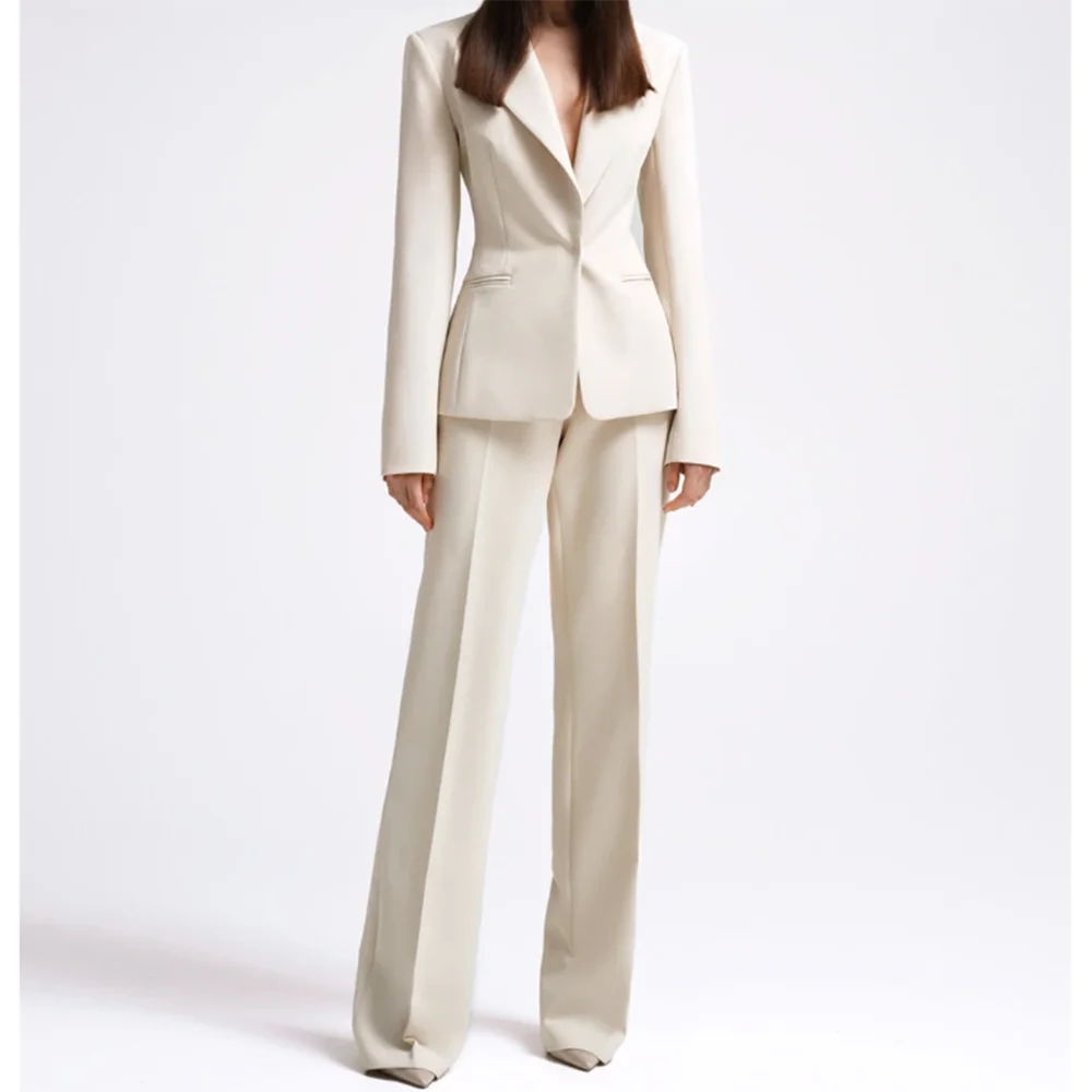 Office Lady Fashion Beige Women Suits One Button Peak Lapel 2 Piece Jacket Pants Slim Fit Smart Causal Conjuntos De Pantalones