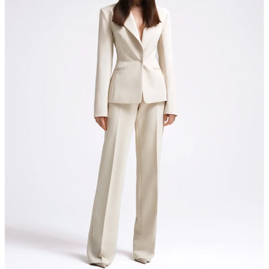Office Lady Fashion Beige Women Suits One Button Peak Lapel 2 Piece Jacket Pants Slim Fit Smart Causal Conjuntos De Pantalones